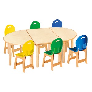 안전 자작합판 대형 반달 3조각 6인 책상의자세트(노랑+초록+파랑 파스텔의자)