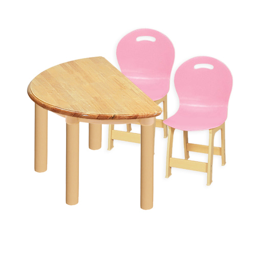 고무나무 1조각 2인  반달 책상의자세트(분홍 파스텔 의자)