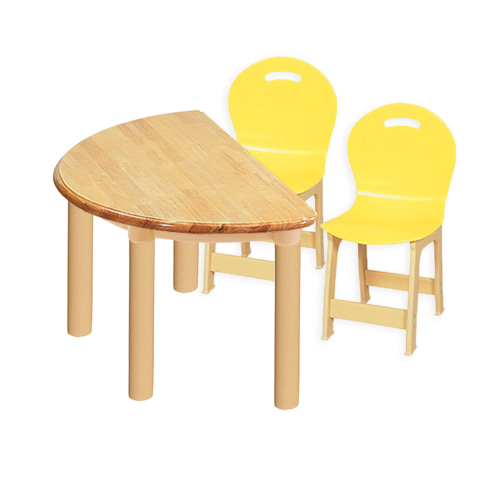 고무나무 1조각 2인  반달 책상의자세트(노랑 파스텔 의자)