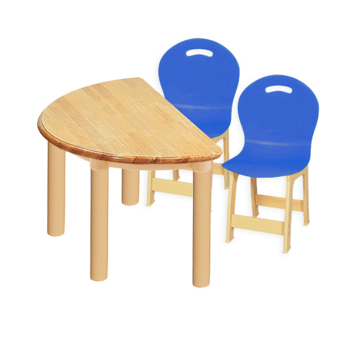 고무나무 1조각 2인  반달 책상의자세트(파랑 파스텔 의자)