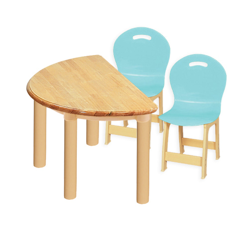 고무나무 1조각 2인  반달 책상의자세트(옥색 파스텔 의자)