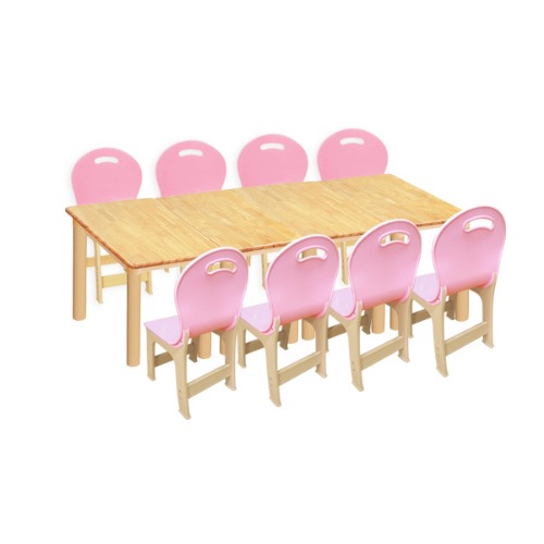 대형 고무나무 4조각 8인  사각 책상의자세트(분홍 파스텔 의자)
