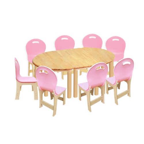 대형 고무나무 3조각 8인   책상의자세트(분홍 파스텔 의자)