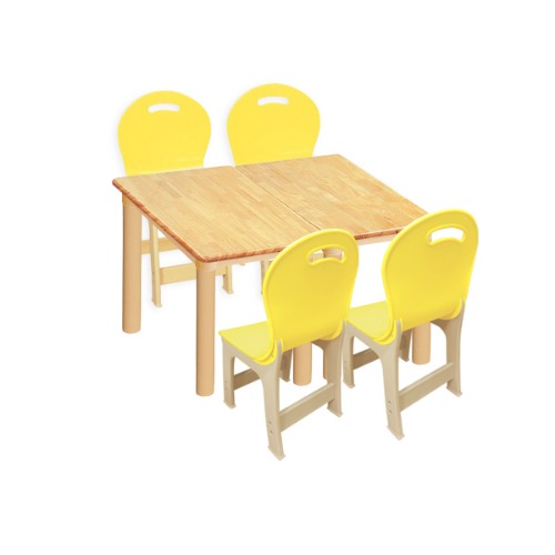 대형 고무나무 2조각 4인  사각 책상의자세트(노랑 파스텔 의자)