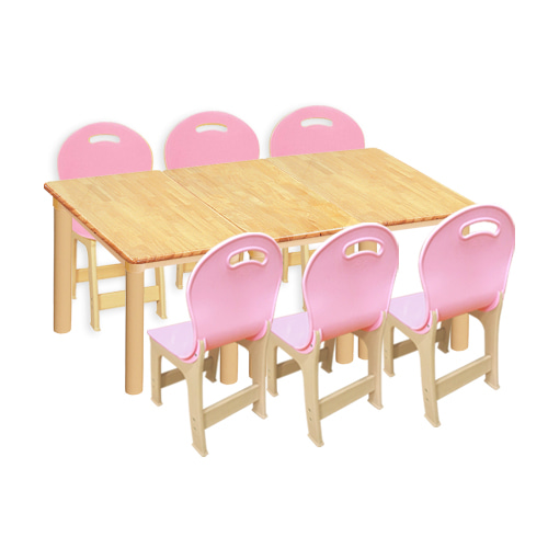 대형 고무나무 3조각 6인   사각 책상의자세트(분홍 파스텔 의자)