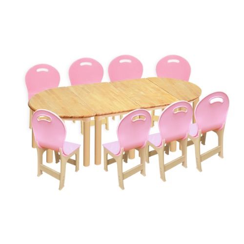 대형 고무나무 4조각 8인  책상의자세트(분홍 파스텔 의자)