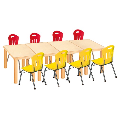 안전 자작합판 사각 4조각 8인 책상의자세트(빨강+노랑 수강의자)