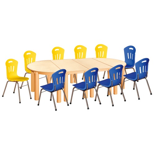 안전 자작합판 반달 4조각 10인 책상의자세트(노랑+파랑 수강의자)