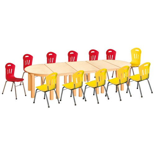 안전 자작합판 반달 5조각 12인 책상의자세트(빨강+노랑 수강의자)