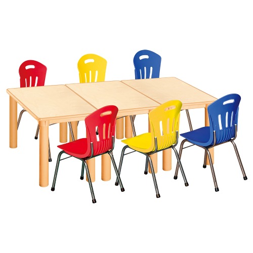 안전 자작합판 사각 3조각 6인 책상의자세트(빨강+노랑+파랑 수강의자)