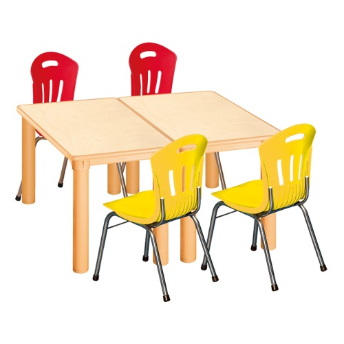 안전 자작합판 사각 2조각 4인 책상의자세트(빨강+노랑 수강의자)