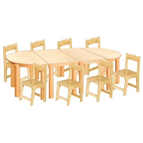 안전 자작합판 반달 4조각 8인 책상의자세트(고무나무 의자)