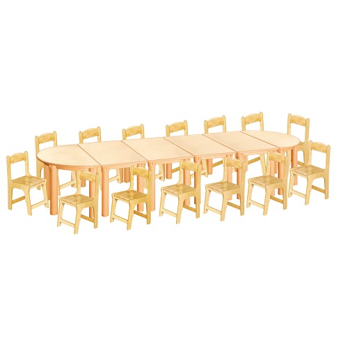 안전 자작합판 반달 6조각 14인 책상의자세트(고무나무 의자)