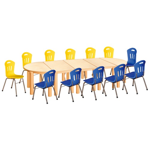 안전 자작합판 반달 5조각 12인 책상의자세트(노랑+파랑 수강의자)