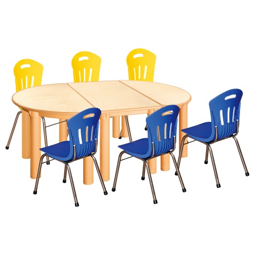 안전 자작합판 반달 3조각 6인 책상의자세트(노랑+파랑 수강의자)