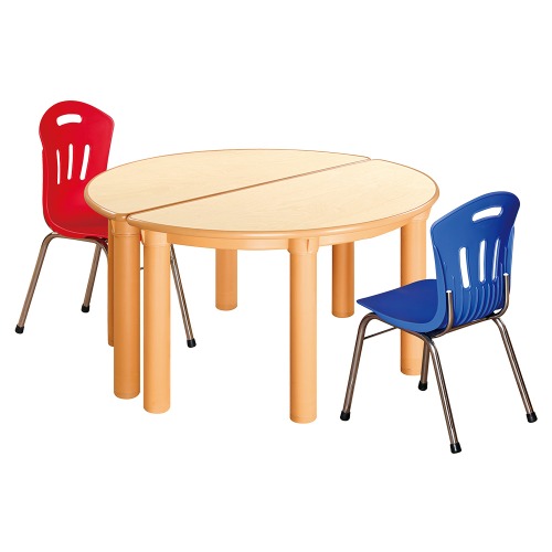 안전 자작합판 반달 2조각 2인 책상의자세트(빨강+파랑 수강의자)