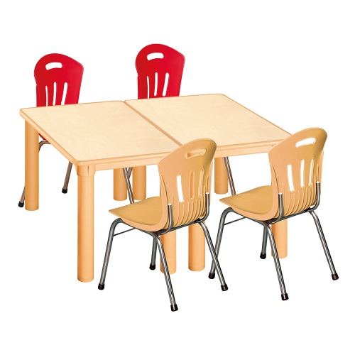 안전 자작합판 사각 2조각 4인 책상의자세트(빨강+비취 수강의자)