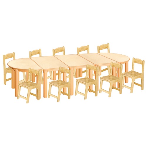 안전 자작합판 반달 5조각 10인 책상의자세트(고무나무 의자)