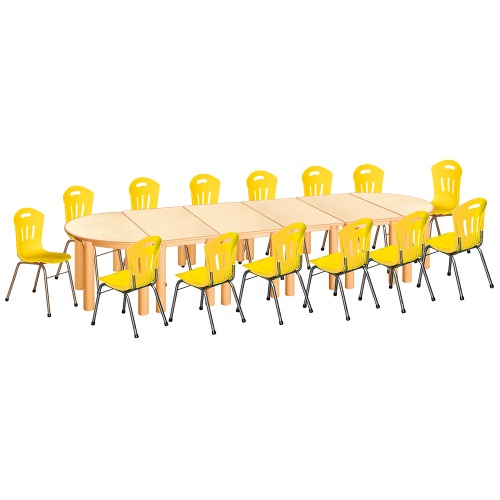 안전 자작합판 반달 6조각 14인 책상의자세트(노랑 수강의자)