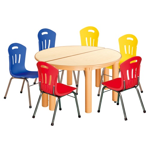 안전 자작합판 반달 2조각 6인 책상의자세트(빨강+노랑+파랑 수강의자)