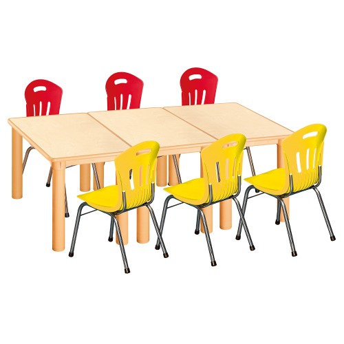 안전 자작합판 사각 3조각 6인 책상의자세트(빨강+노랑 수강의자)