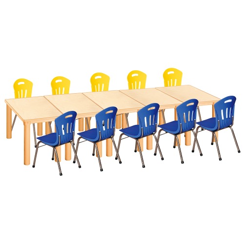 안전 자작합판 사각 5조각 10인 책상의자세트(노랑+파랑 수강의자)