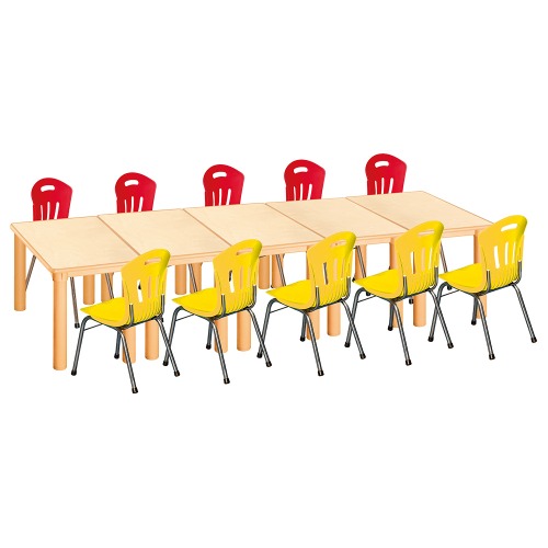 안전 자작합판 사각 5조각 10인 책상의자세트(빨강+노랑 수강의자)