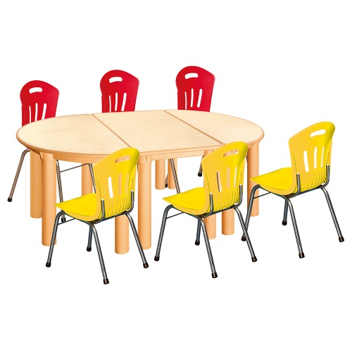 안전 자작합판 반달 3조각 6인 책상의자세트(빨강+노랑 수강의자)