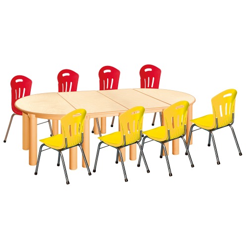 안전 자작합판 반달 4조각 8인 책상의자세트(빨강+노랑 수강의자)