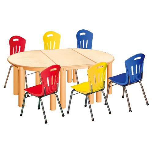 안전 자작합판 반달 3조각 6인 책상의자세트(빨강+노랑+파랑 수강의자)
