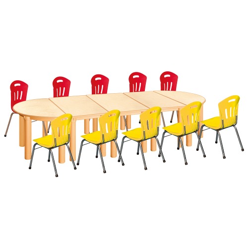 안전 자작합판 반달 5조각 10인 책상의자세트(빨강+노랑 수강의자)