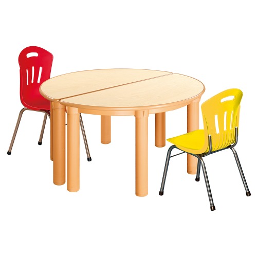 안전 자작합판 반달 2조각 2인 책상의자세트(빨강+노랑 수강의자)