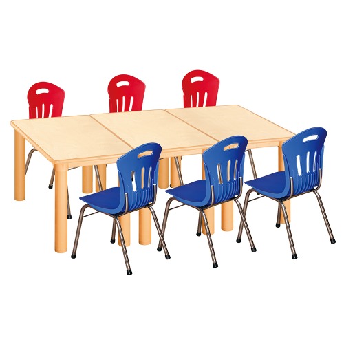 안전 자작합판 사각 3조각 6인 책상의자세트(빨강+파랑 수강의자)