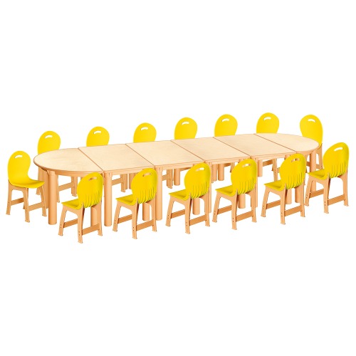안전 자작합판 반달 6조각 14인 책상의자세트(노랑 파스텔의자)