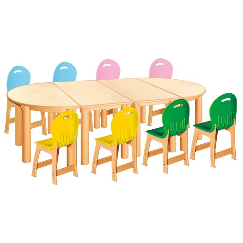 안전 자작합판 반달 4조각 8인 책상의자세트(노랑+초록+분홍+하늘 파스텔의자)