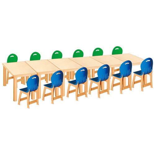 안전 자작합판 사각 6조각 12인 책상의자세트(초록+파랑 파스텔의자)