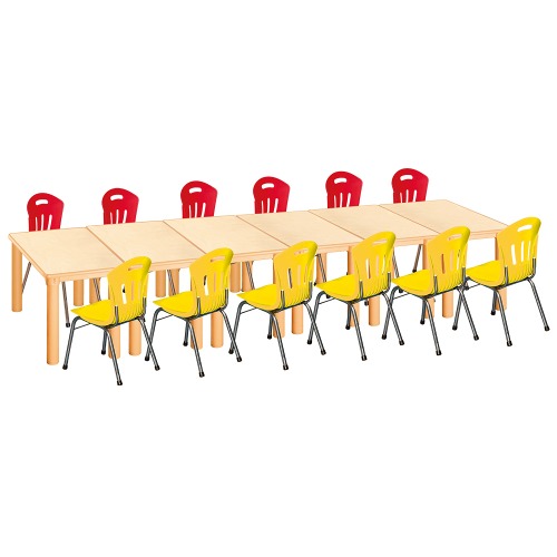 안전 자작합판 사각 6조각 12인 책상의자세트(빨강+노랑 수강의자)