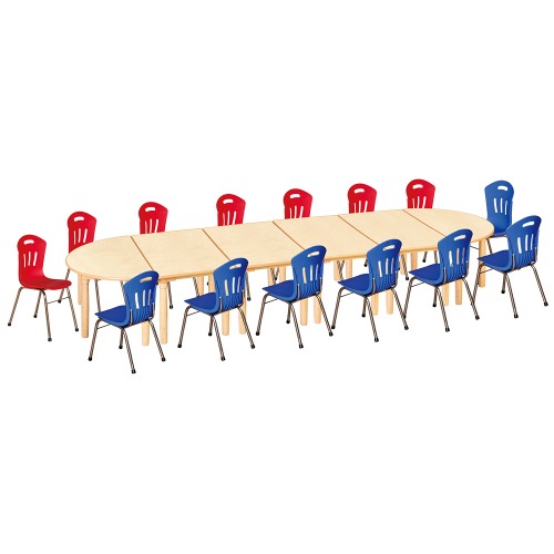 안전 자작합판 대형 반달 6조각 14인 책상의자세트(빨강+파랑 수강의자)
