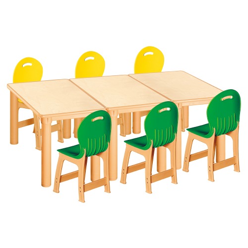 안전 자작합판 사각 3조각 6인 책상의자세트(노랑+초록 파스텔의자)