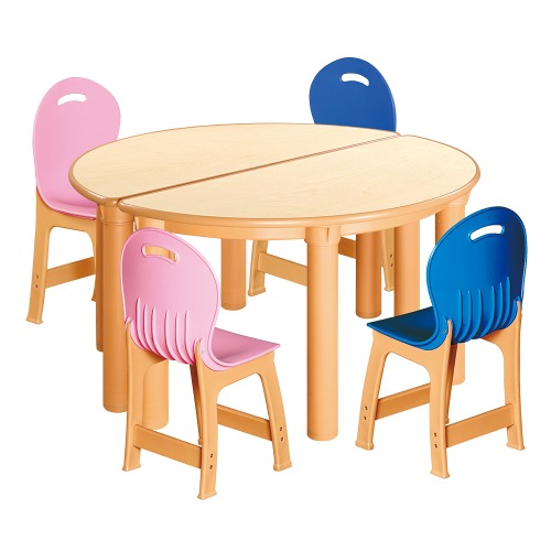 안전 자작합판 반달 2조각 4인 책상의자세트(분홍+파랑 파스텔의자)