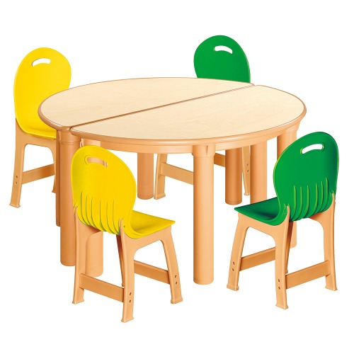 안전 자작합판 반달 2조각 4인 책상의자세트(노랑+초록 파스텔의자)