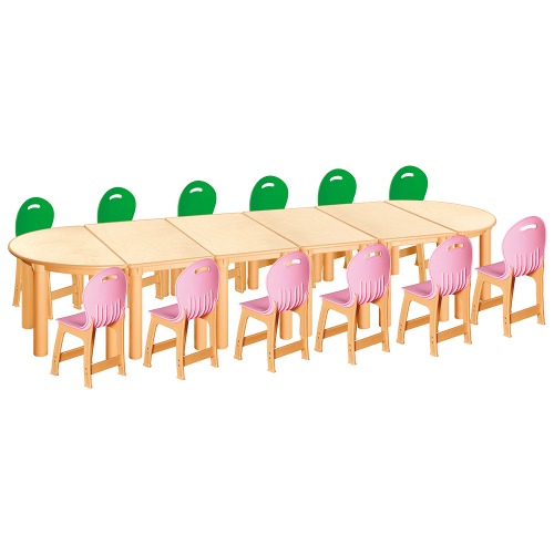 안전 자작합판 반달 6조각 12인 책상의자세트(초록+분홍 파스텔의자)