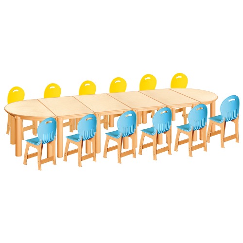 안전 자작합판 반달 6조각 12인 책상의자세트(노랑+하늘 파스텔의자)
