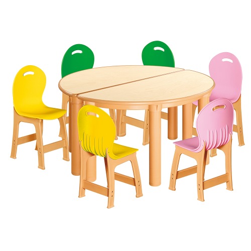 안전 자작합판 반달 2조각 6인 책상의자세트(노랑+초록+분홍 파스텔의자)