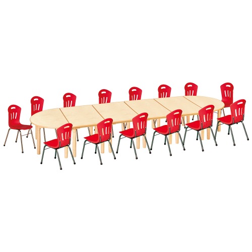 안전 자작합판 대형 반달 6조각 14인 책상의자세트(빨강 수강의자)