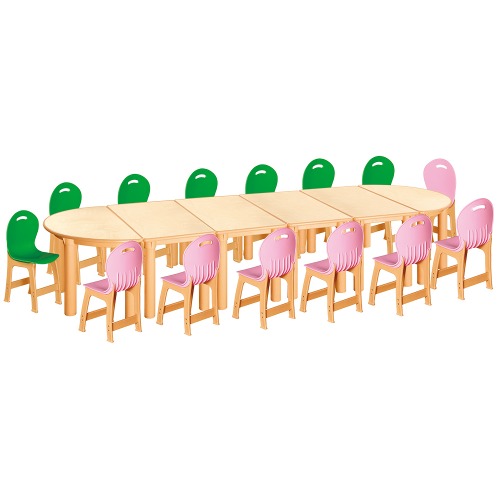 안전 자작합판 반달 6조각 14인 책상의자세트(초록+분홍 파스텔의자)