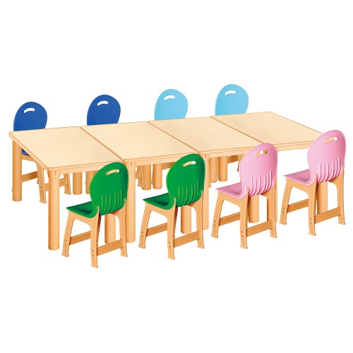 안전 자작합판 사각 4조각 8인 책상의자세트(초록+분홍+하늘+파랑 파스텔의자)