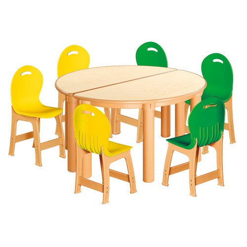 안전 자작합판 반달 2조각 6인 책상의자세트(노랑+초록 파스텔의자)