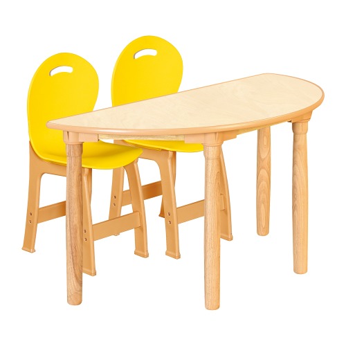 안전 자작합판 대형 반달 1조각 2인 책상의자세트(노랑 파스텔의자)