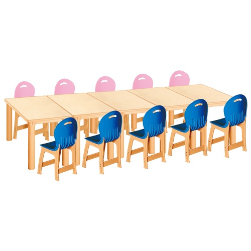 안전 자작합판 사각 5조각 10인 책상의자세트(분홍+파랑 파스텔의자)